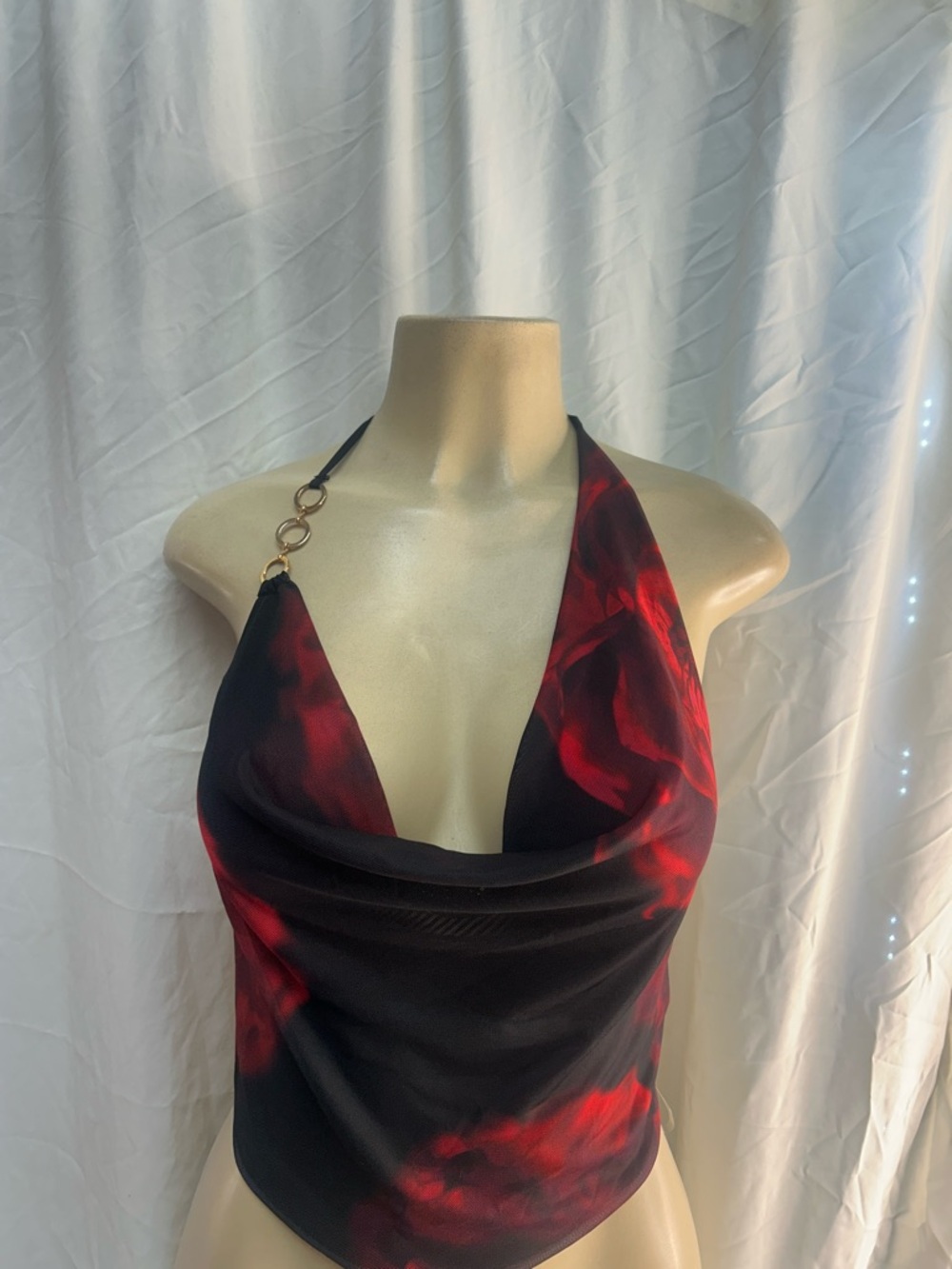 Halter Cowl Neck Crop Top in Red Black